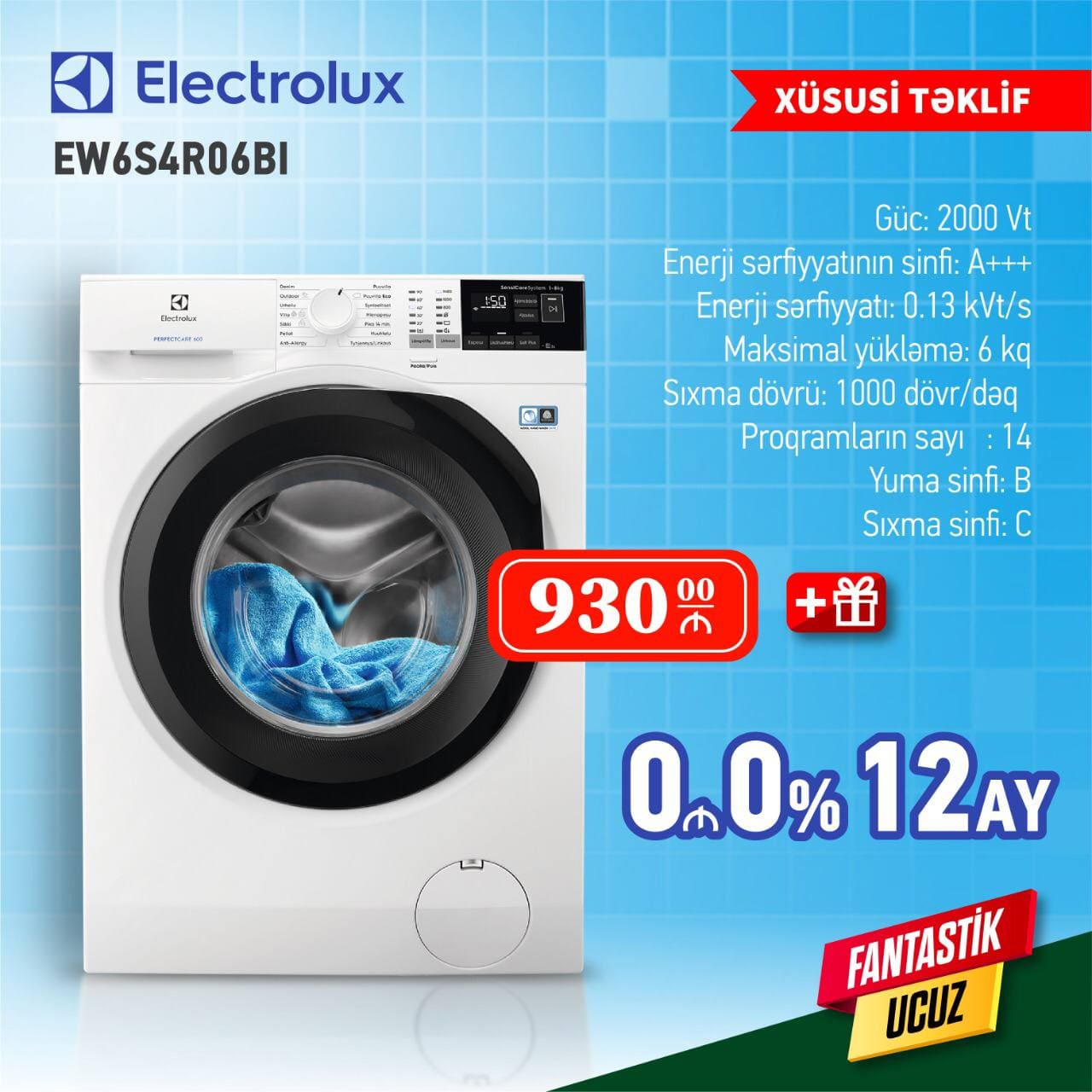Paltaryuyan Electrolux 6 kq İlkin Odenissiz 12 Aya Faizsiz + Hediyyeli Arayissiz Zaminsiz
