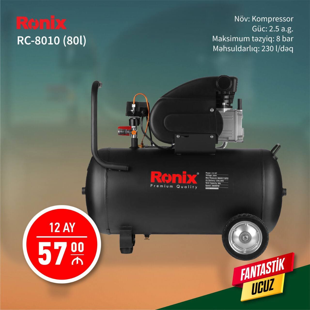 Hava Kompressor 80 Litr Ronix Ilkin Odenissiz Arayissiz Zaminsiz
